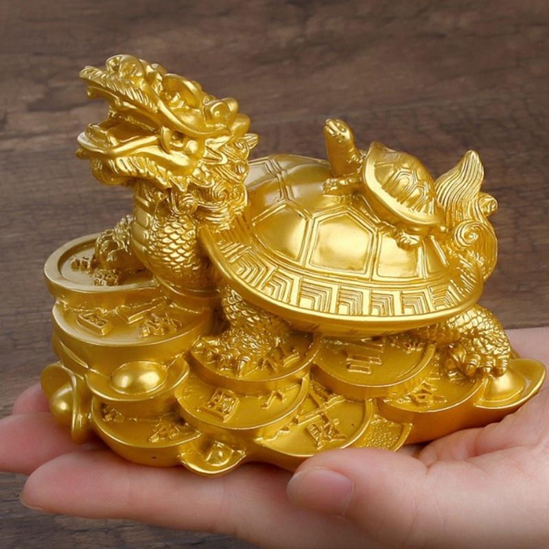 1 Resin Gold/bronze Feng Shui Dragon Turtle Statue Coin Wealth Home Desk Decoration Animal Jewelry
