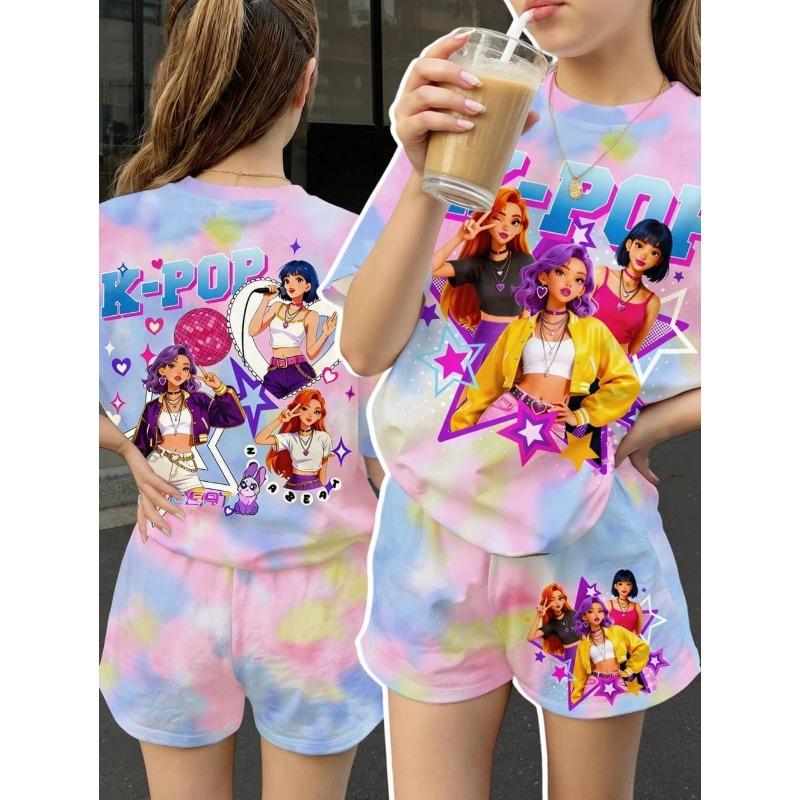 Kpop Cartoon Graphic Girls T-Shirt and Pants Set Girls' Summer Clothing Cute Short Sleeve Set Children's T-Shirt and Shorts Set