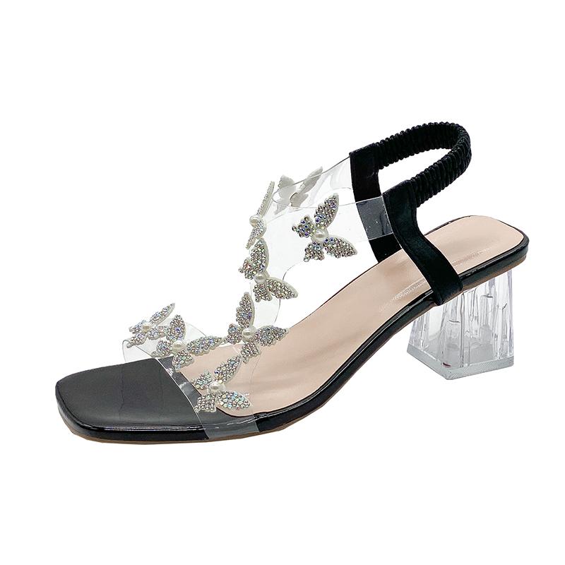 

Женские босоножки со стразами 2025 Летняя мода Универсальные уличные туфли на высоком каблуке Элегантные женские туфли большого размера для торжественных случаев 43 чёрный