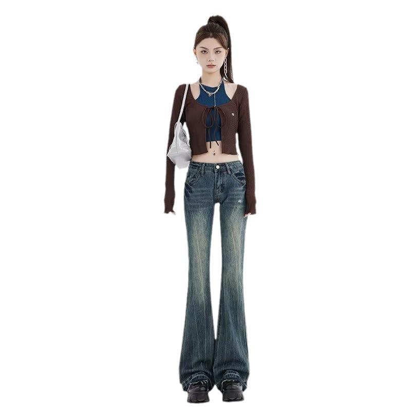 Vintage Jeans Low Waist Pant Micro Flare Jeans for Women Embroidery Slim Drag Flare Trousers