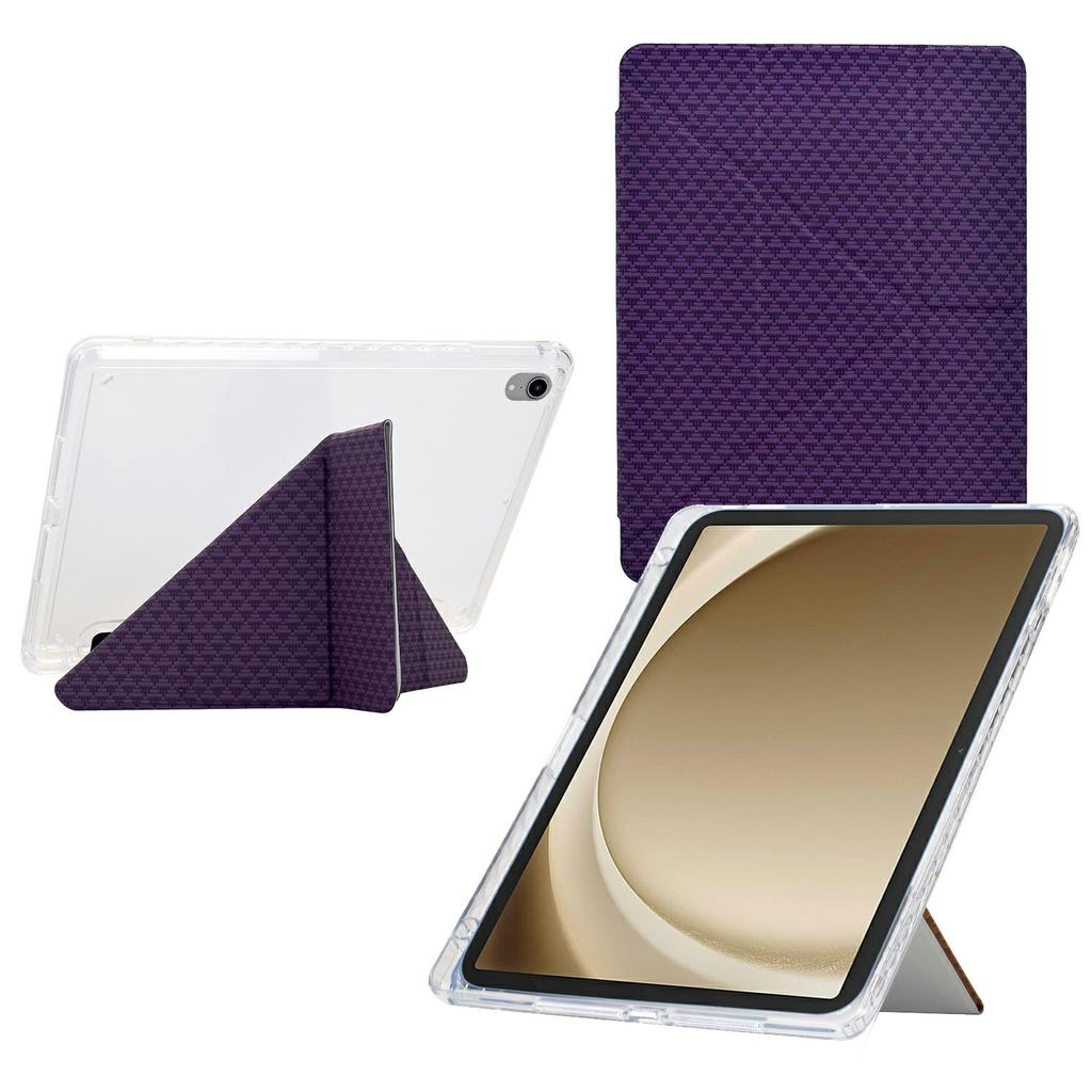 For Samsung Galaxy Tab A9+ Case Y-Fold Stand Pyramid-Patterned Leather+Clear Acrylic Tablet Cover with Pencil Holder