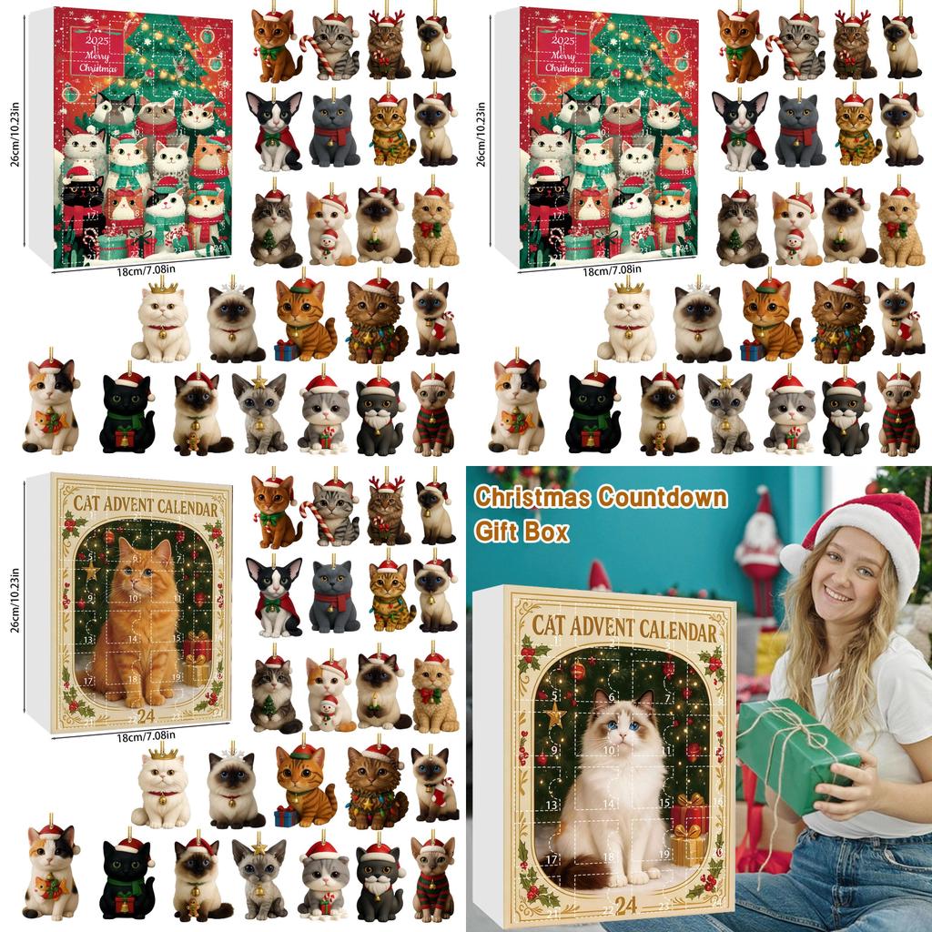 Vánoční kočičí akrylový adventní kalendář s 24 přihrádkami na dekorace pro sváteční oslavy