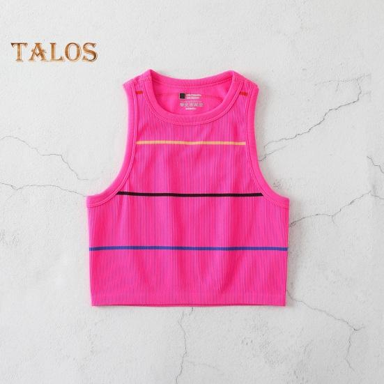 Damski prążkowany top na ramiączkach bez rękawów z okrągłym dekoltem, dopasowany, letni krótki top do noszenia na co dzień, na plażę, do sportu