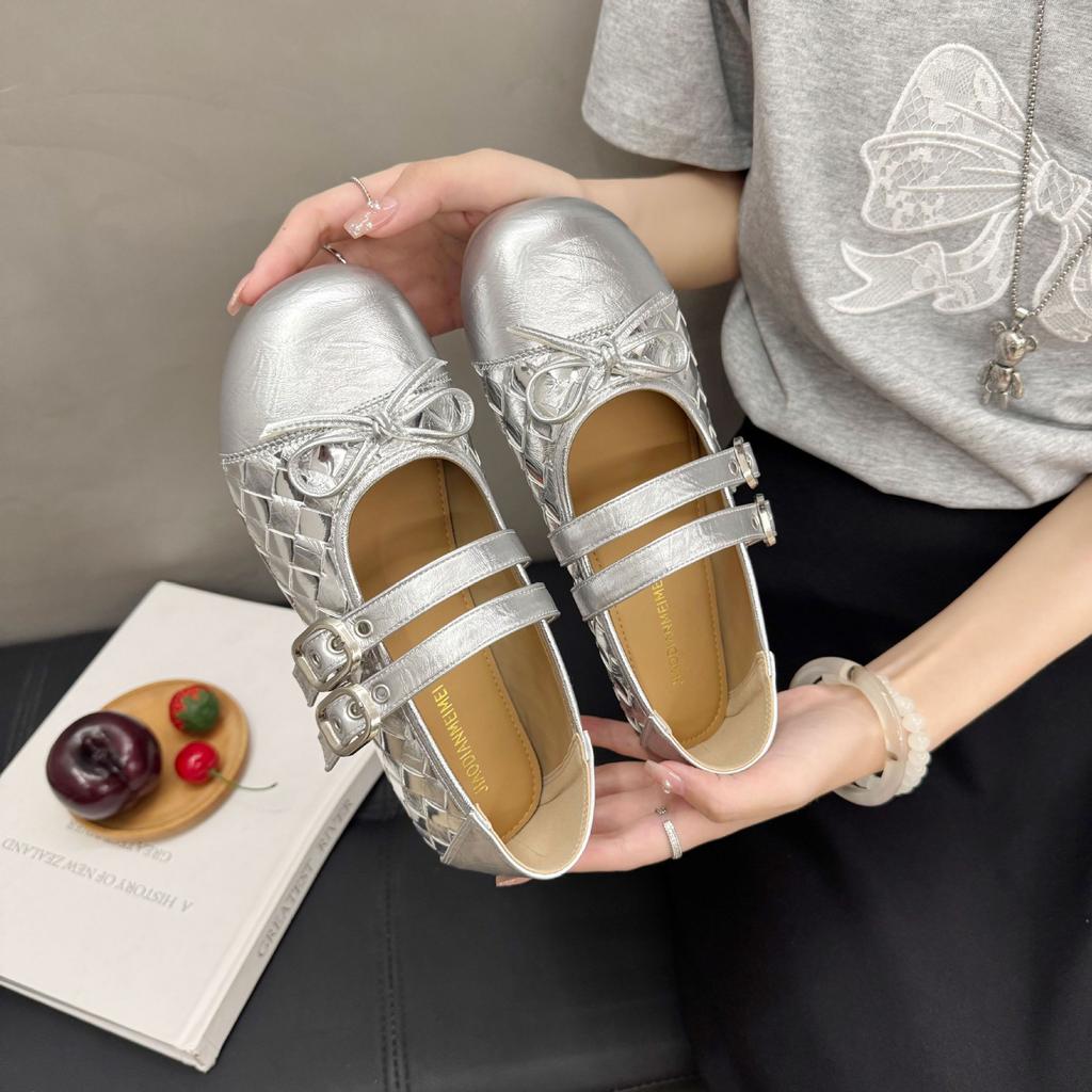 French One-word Buckle with Single Shoes Women's Retro Mary Jane Shoes 2025 New Bow Flat Ballet Shoes