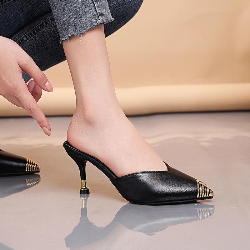Outside Pointed Toe Mules Shoes Heeled Slides Summer 2025 Women's Slippers and Ladies Sandals Sale Cheap Liquidation Unique Shoe