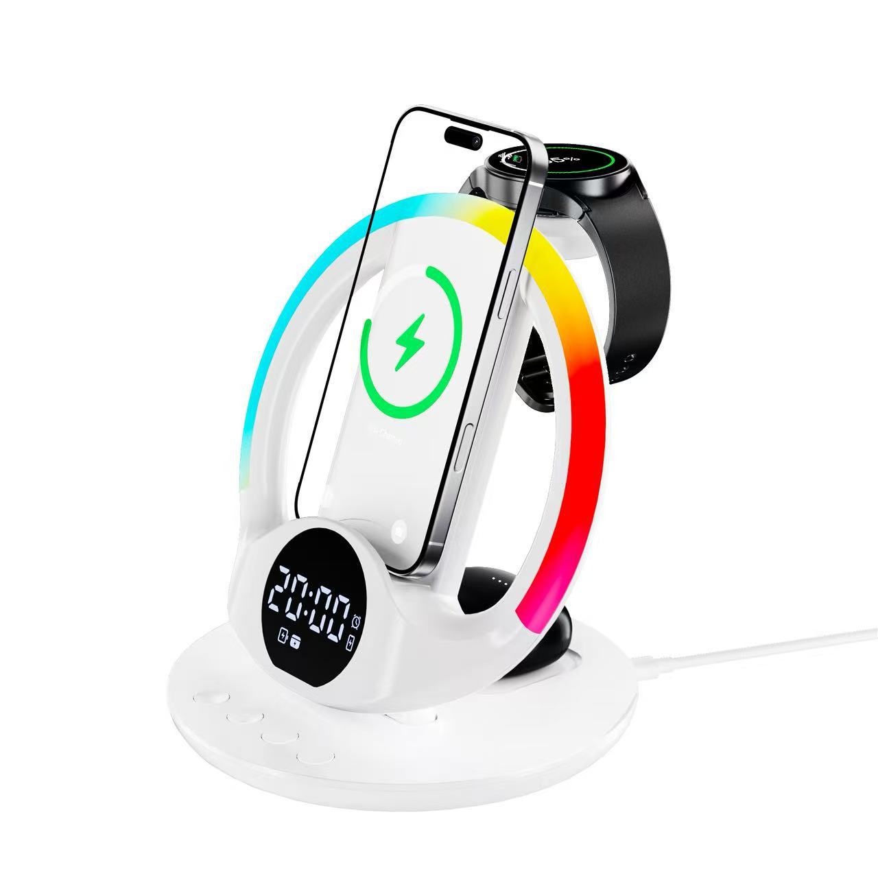 

6-в-1 Бездротова зарядка з RGB-підсвічуванням та станцією-будильником для iPhone/Samsung, iWatch/Galaxy Watch, AirPods/Buds чорний