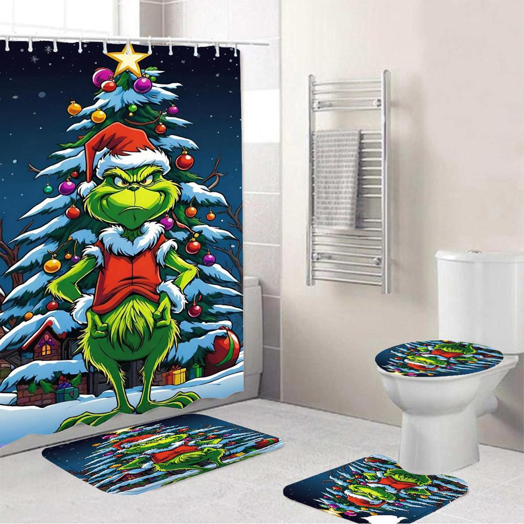 Temu Bathroom Three-Piece Set, Green-Haired Grinch Pattern Bathroom Non-Slip Mat, U-Pad And Shower Curtain Set