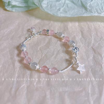 Super Fairy Silver Star and Moon Elastic Bracelet with Pink Strawberry Quartz and Moonstone, Niche High-End Style, Sweet and Cool