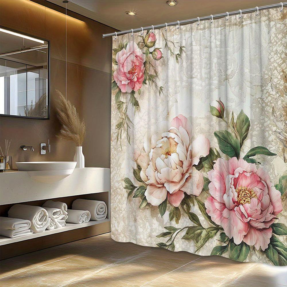 Vintage Roze Pioenroos Bloemen Douchegordijn Met 12 Haken Machine Wasbaar, Perfect Voor Moderne Esthetische Badkamer Douchegordijn