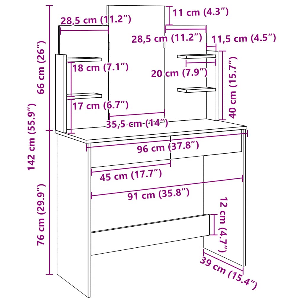 Makeup Table with Mirror Rustic Wood Look 96 x 39 x 142 cm