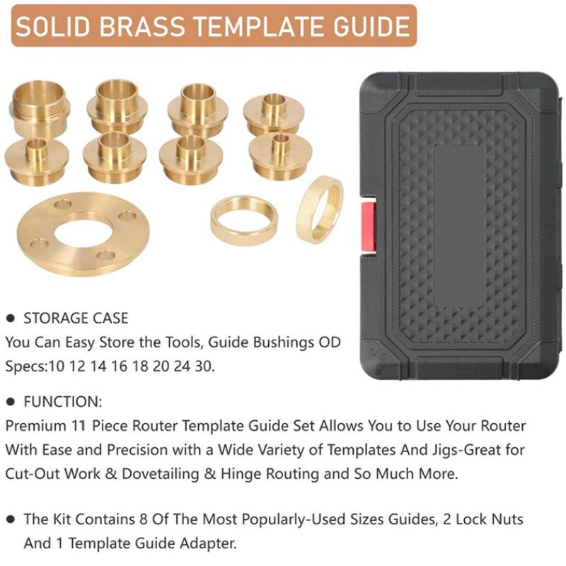 11PCS Brass Router Template Guides Bushing Kit With Lock Nut Adapter Router Guide Accessory Template Guide Bushing Kit