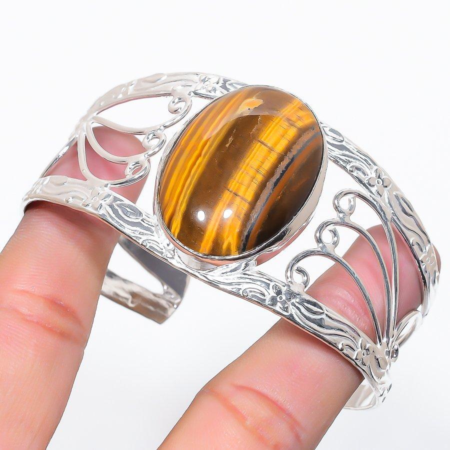 

Natural Tiger Eye Gemstone 925 Sterling Silver Cuff Bangle Adjustable Y4k76