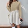 Women Long Sleeve A Line High Waist Pleated Color Block O Neck Long Dress Spring Summer