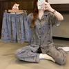 Self-Deprecating Bear Premium Gray Pajamas Women'S Summer Short-Sleeved Trousers Three-Piece Cartoon Loungewear