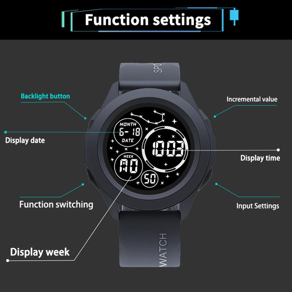 Essentials Men's Digital Watch Shockproof Round Dial 50m Waterproof Light-up Wristwatch for Time Organizing & Meeting