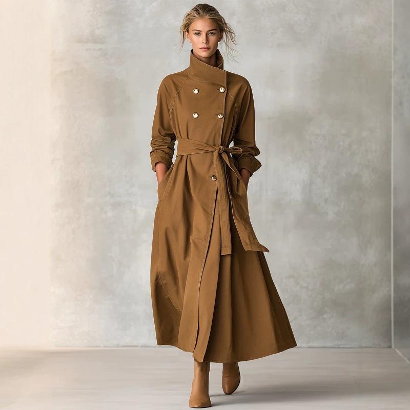 Herbst und Winter langer Trenchcoat Damen Stehkragen Zweireihig Taillengürtel Großer Saum Überknie Jacke