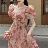Elegant Floral Square Neck Fairy Dress with Waist-Cinching Design for Women - Perfect Summer Tea Break Outfit