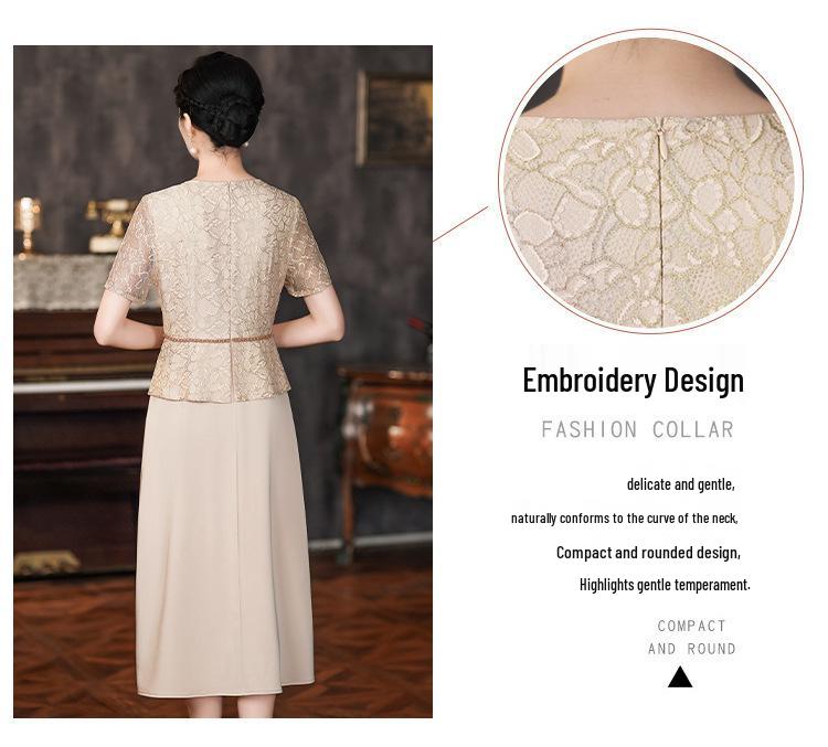 2024 Summer Elegant Apricot Lace Faux Two-Piece Long Dress for Weddings & Banquets