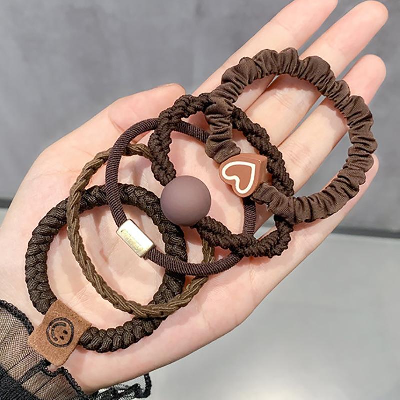 

5 шт. повязка на голову кожаная женская высокая кобура для хвоста аксессуары для волос простая высокоэластичная прочная резинка для волос круг коричневый