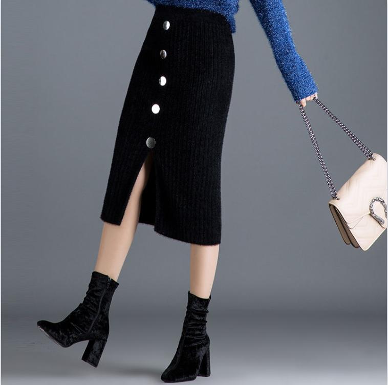 Autumn Winter Women's Temperament Breasted Midi Knitted Skirt Female Skirt High Waist Thicken Pockets Slim One Step Hip Skirt