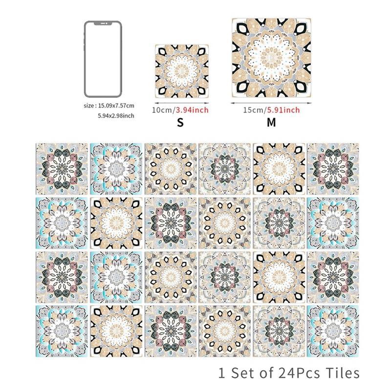 24PCS Moroccan Wall Sticker Self-adhesive Tile Stickers for Kitchen Bathroom Mandala Patterned Art Waterproof Wall Sticker Decal