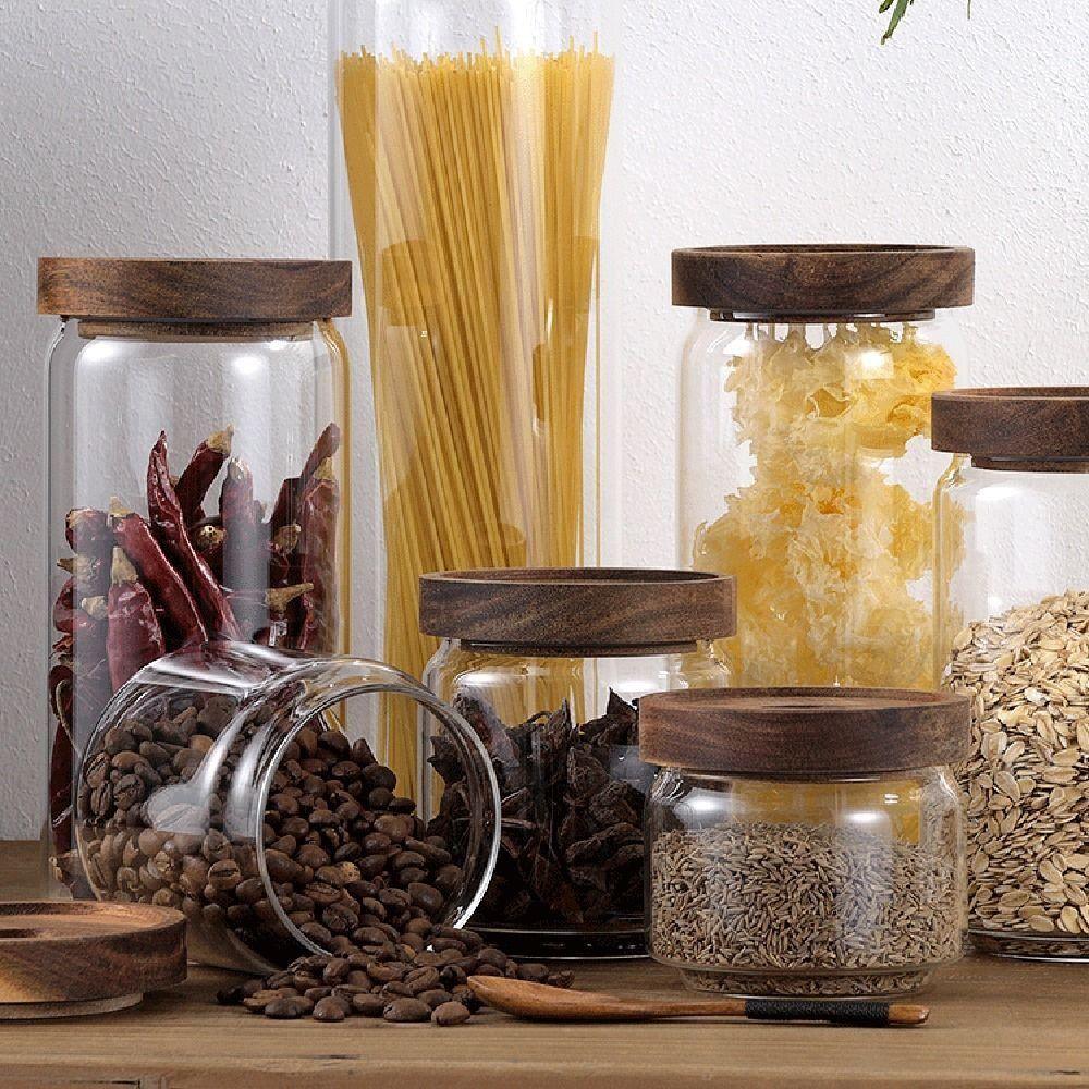 Wooden Lid Airtight Canisters Coffee Beans Tea Storage Holder Glass Food Storage Jar Sugar