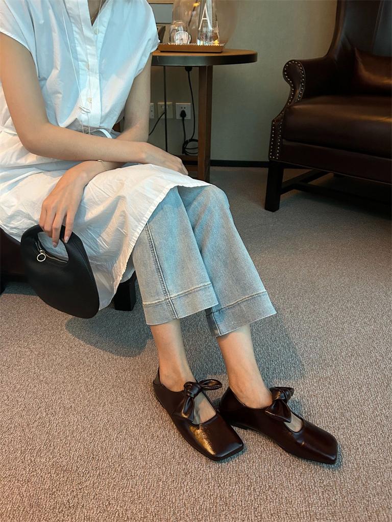 Fashion IPPEUM Women Elegant Leather Mary Jane With Square Toe With Bow Brown Ballet Flats
