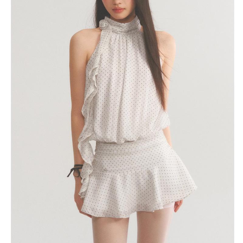 

Платье-халтер женское летнее без рукавов короткая юбка французский дизайн горячей девушки темперамент юбка в горошек S покинуть белый