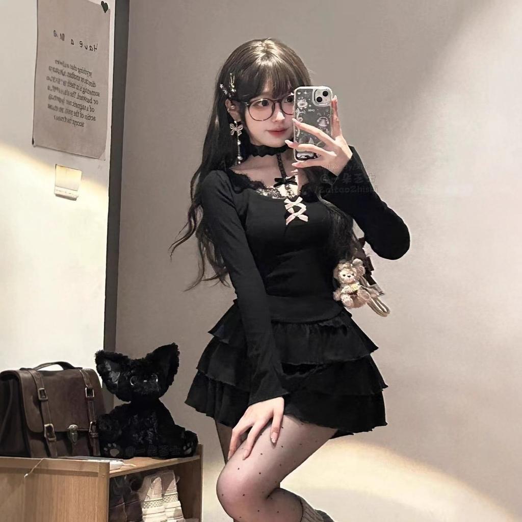 Autumn and winter new French sexy lace black waist dress women's design butterfly spice short skirt