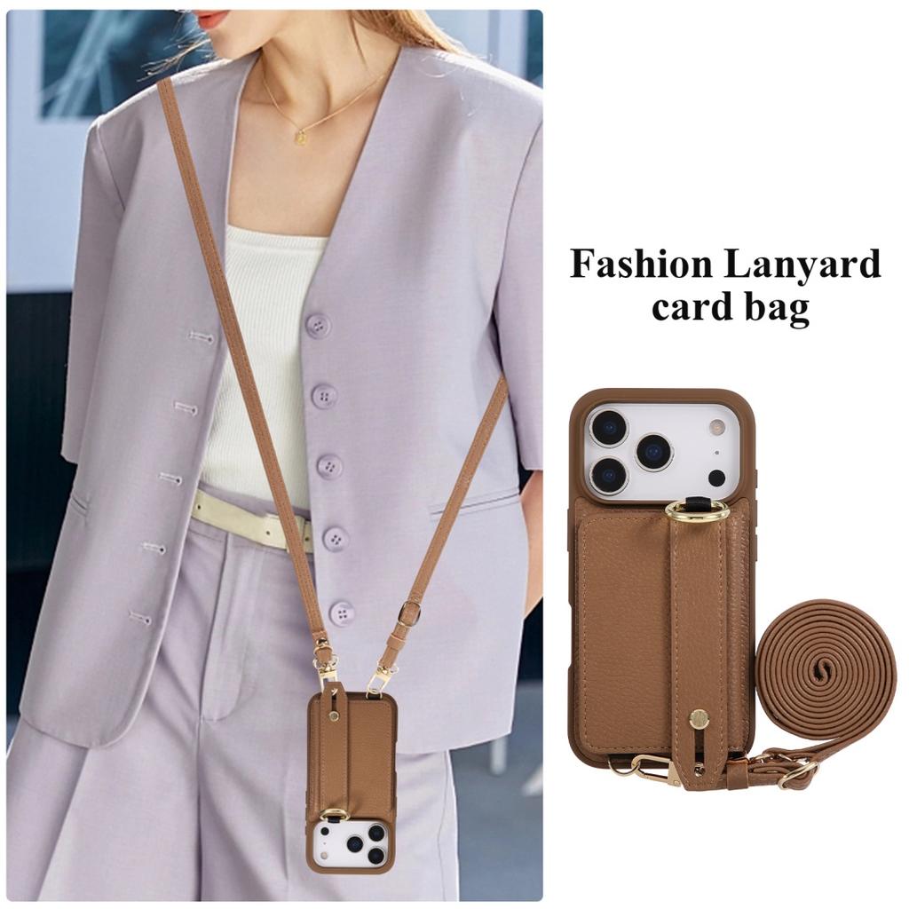 For iphone 17 16 15 14 13 12 11 Pro Max Air Case PU Leather Wallet Bag Grip Strap Holder Long Crossbody Lanyard Ring Clasp Cover
