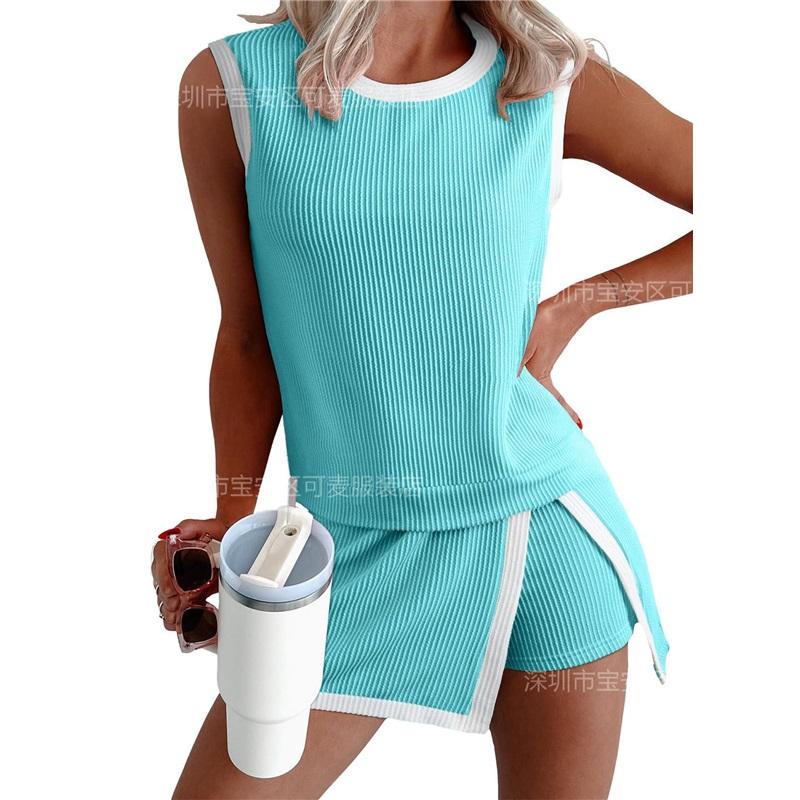  Women's Ribbed Knit 2-Piece Set Sleeveless Tank Top + Split Skort Shorts Outfit