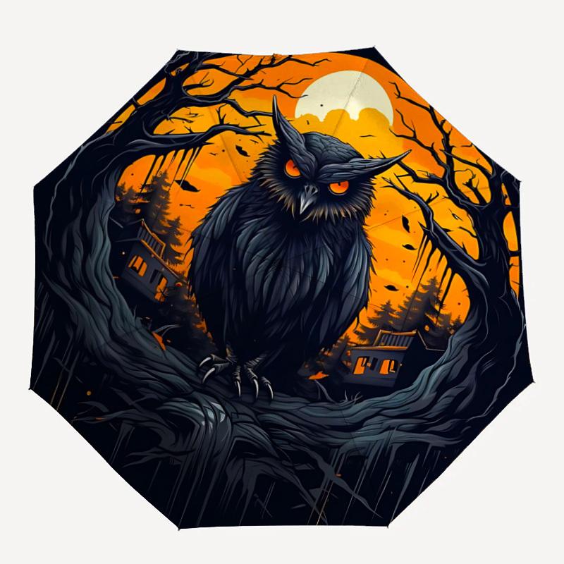 1pc Halloween Owl Automatic Folding Umbrella, Lightweight Retractable Compact Travel Umbrella, 8-Rib Sturdy Frame149