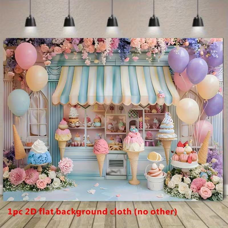 2D Ice Cream Shop Backdrop with Balloons and Flowers Photography Background