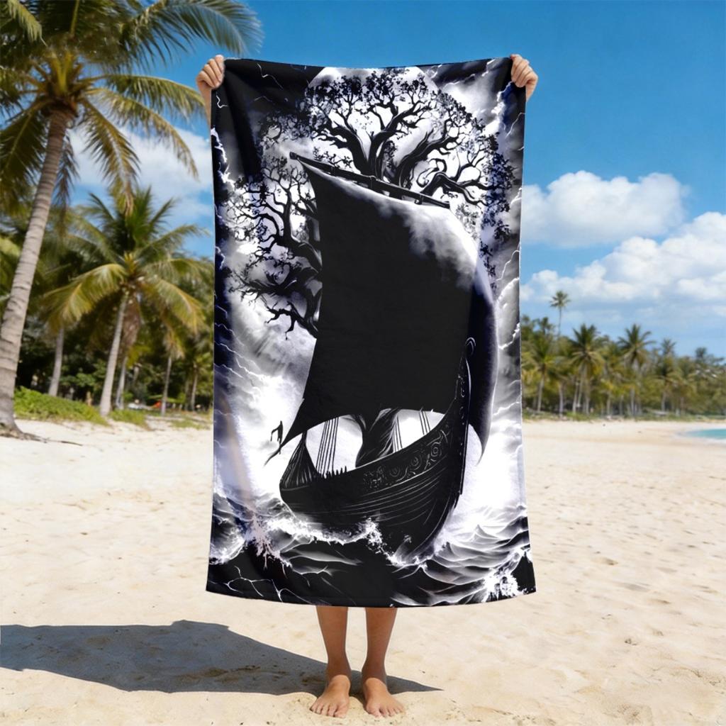 Viking Storm Ship Beach Towel Single Sided Print Quick Dry Soft Microfiber Towel For Beach Pool Spa Travel Norse Decor Bold Gift