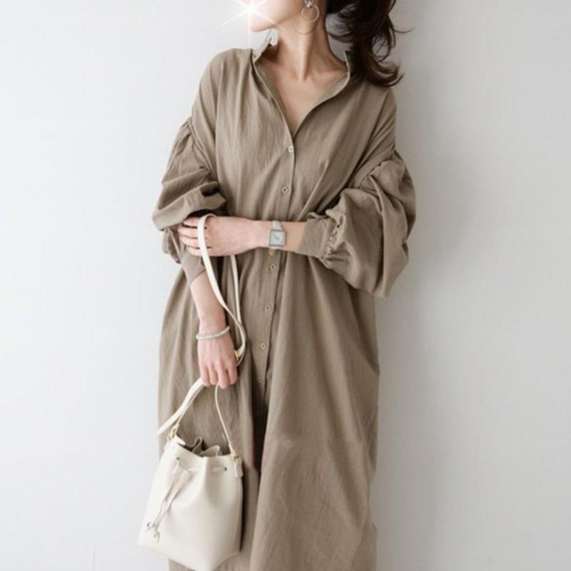 Korean Style Loose Fit Long Sleeve Button-Up Knit Dress Casual Straight Cut Maxi In Khaki Khaki