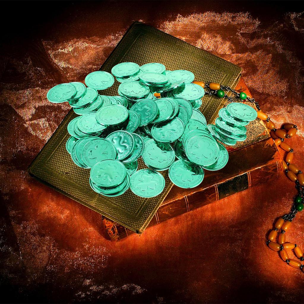 100Pcs Shamrock Decorative Plastic Coins St Patrick's Day Party Supplies Lucky Clover Table Scatter Decoration