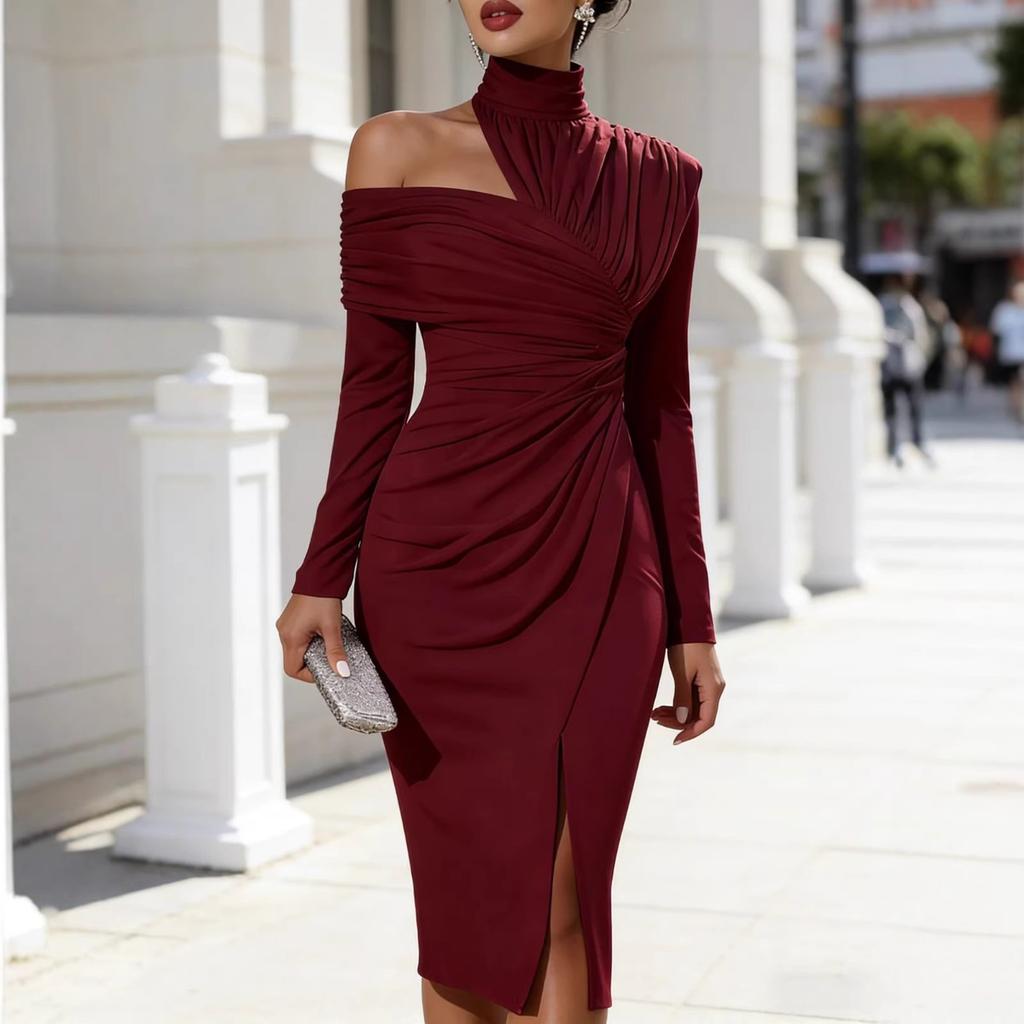 Women's new autumn elegant casual off-the-shoulder slit long-sleeved dress
