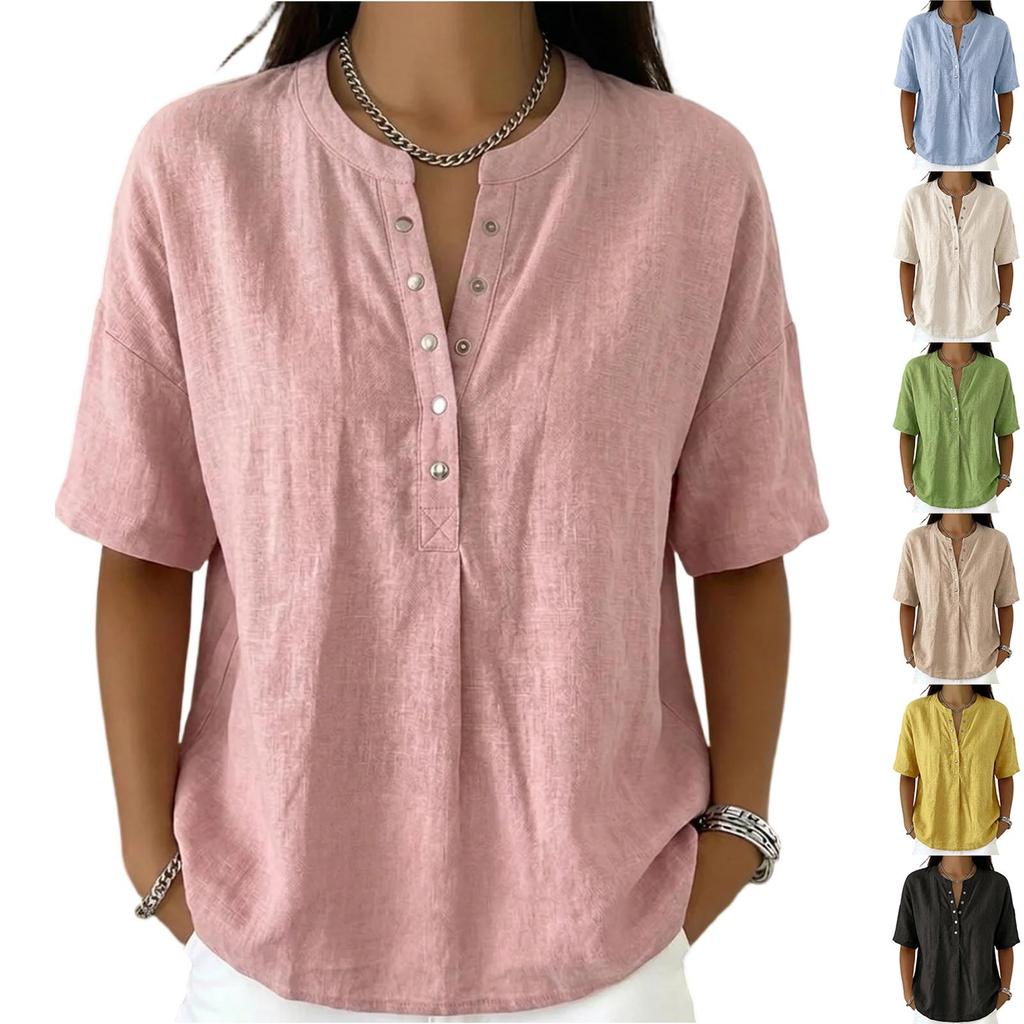Women’s Short Sleeve Henley Linen Shirt Casual Loose Fit Blouse with Button Front and Round Neck for Everyday Wear