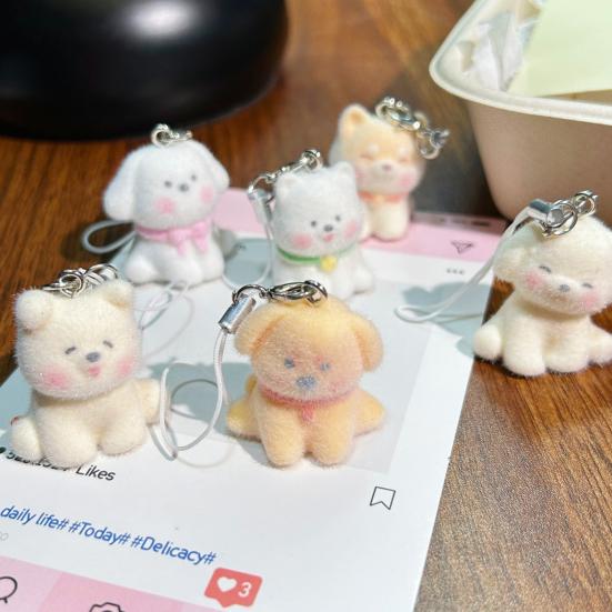 Decorative Pendant Flocking Puppy Shape Keychain Bag Charm with Lanyard Mobile Phone Bag Hanging Ornament