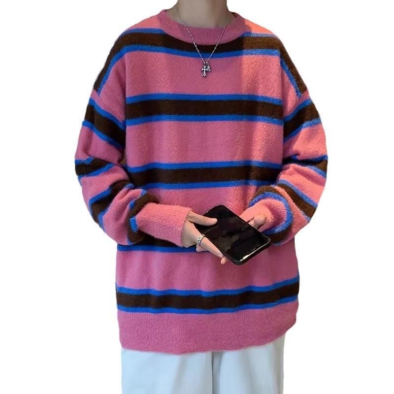 Soft waxy gentle stripes lazy wind autumn and winter new sweater men's loose retro imitation mink velvet sweet and spicy knitted sweater thick