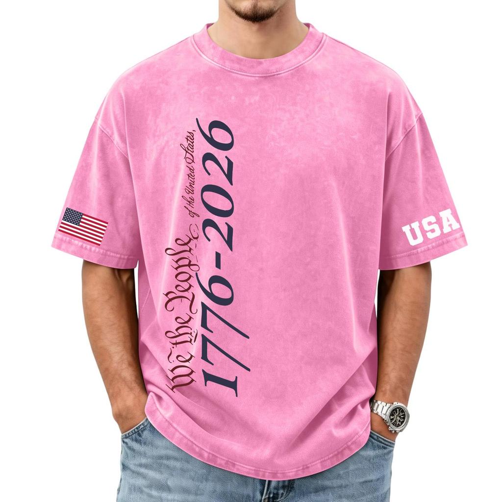 Men's loose and casual flag letter print T-shirt - Men's trendy washed short-sleeved top