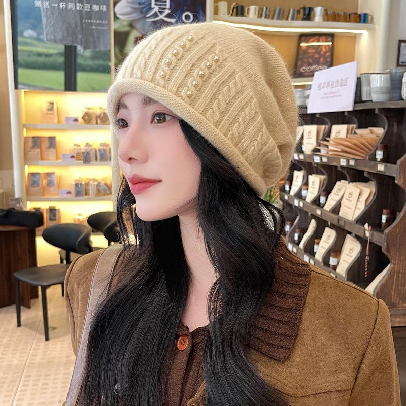 Autumn and Winter Hat Women's Warm Thickened Knitted Wool Hat Pearl Solid Color Hat  Autumn and Winter,  Beret for Women, Thick Pullover Hat