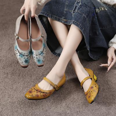 Scarpe Mary Jane Quadrato Stile Cinese Retrò Stampate Pelle Vera Scarpe da Donna con Tacco Medio
