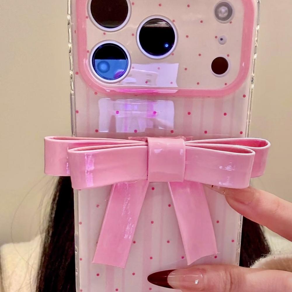 Korean Style Polka Dot 3D Pink Bow iPhone 17 Pro Max Case Creative Design 14 Pro Cover Fashion Full Edge Protection