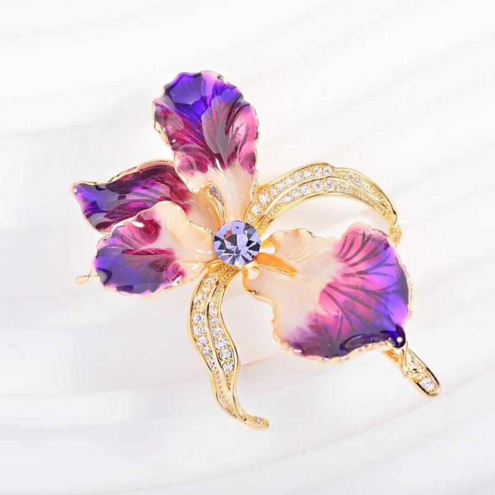 Rhinestone Enamel Lapel Pin Sparkling Plants Badge Vintage Iris Flower Brooch  Suit