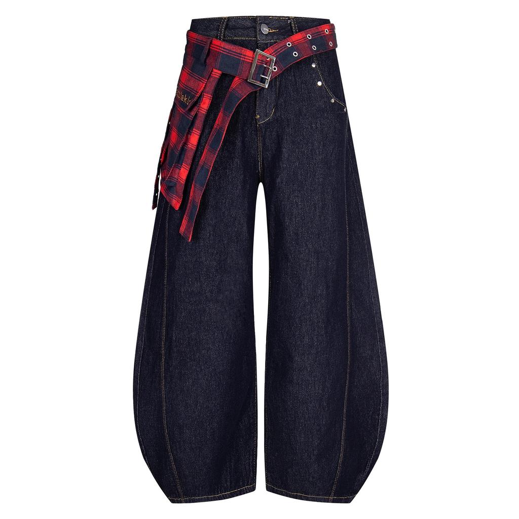 JYL Men's Plaid Waist Jeans Vintage Bootcut Loose Trendy Jazz Wide-Leg Denim