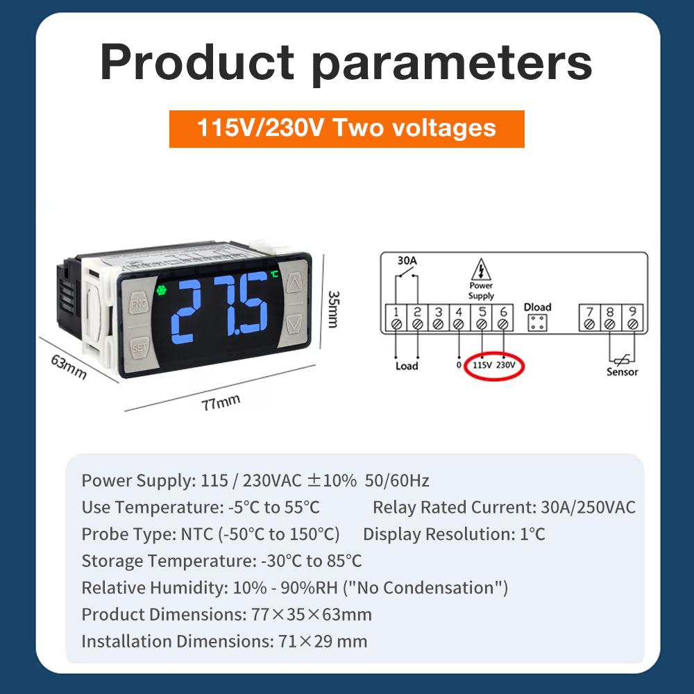 115/230V Thermostat Digital Temperature Controller Relay with NTC Probe For Refrigeration Heating Cooling Defrosting