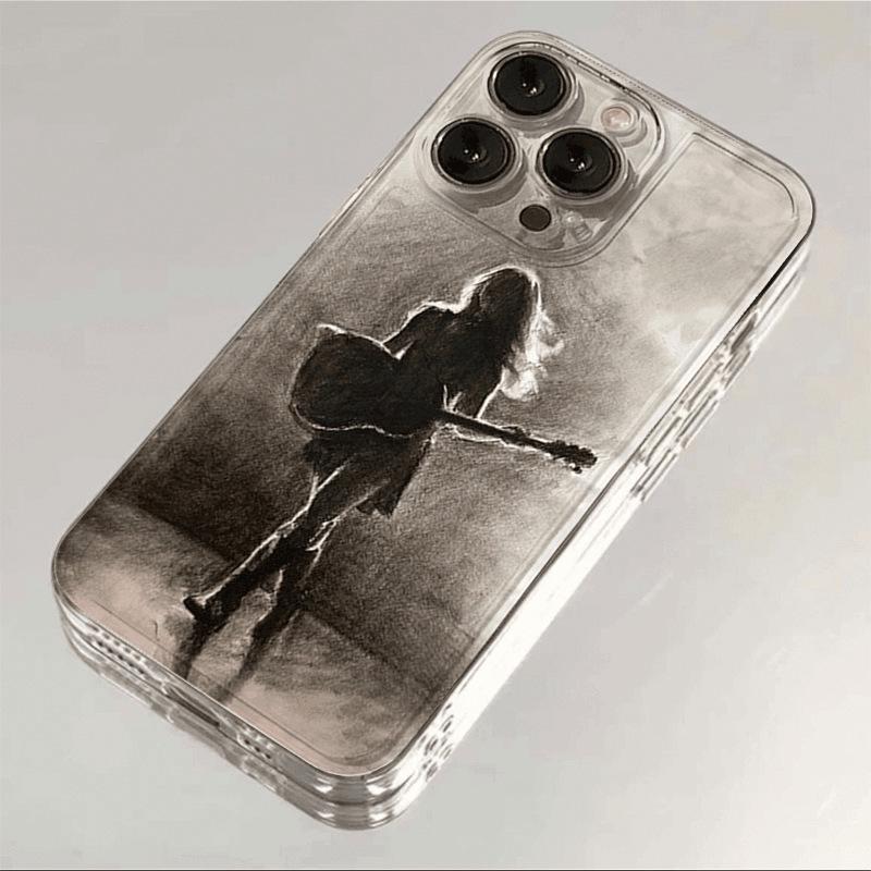 Dark Guitar Girl Cartoon Soft Shell Phone Case for iPhone 13/14/15 Pro/16 Pro Max