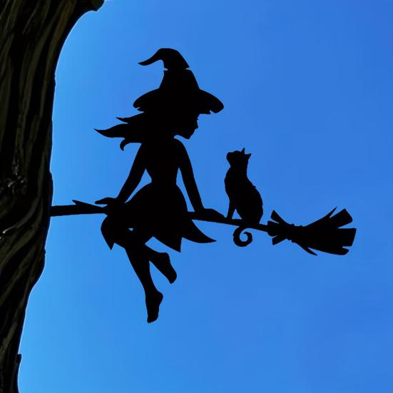 Metal Witch And Cat Silhouette Stake Halloween Insert On The Branch Yard Art Decor Black Tree Stump Sign for Outdoor Patio Lawn Courtyard Garden Decor