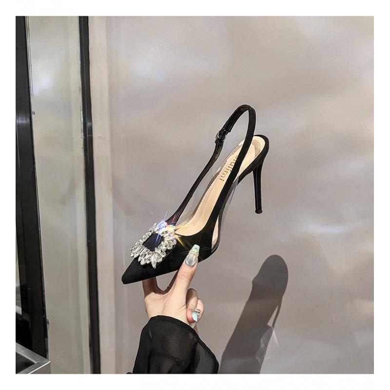 

New summer women s sandals bag head back empty thin heel pointed head shallow mouth Korean version fashion suede square buckle rhinestone high heels 33